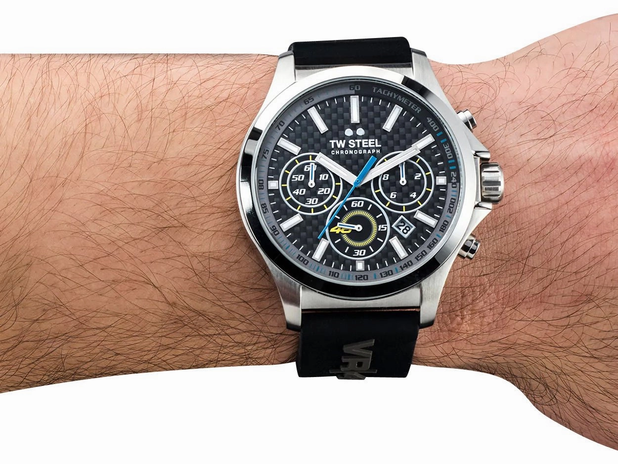 TW Steel VR46 Pilot Special Edition Chronograph Stainless Steel Black Dial Black Silicon Strap Date Quartz Mens Watch TW938