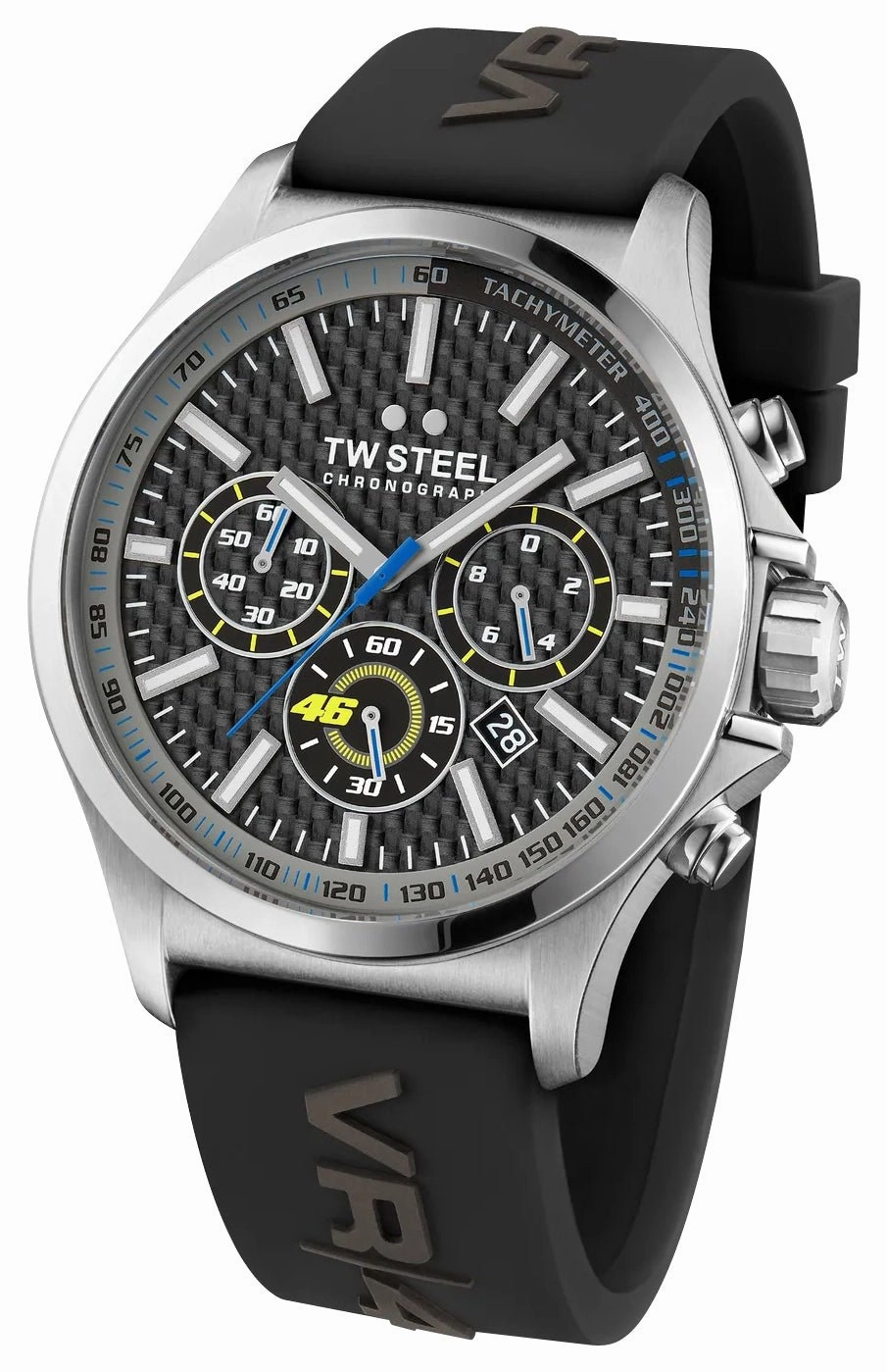 TW Steel VR46 Pilot Special Edition Chronograph Stainless Steel Black Dial Black Silicon Strap Date Quartz Mens Watch TW938