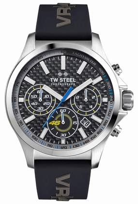TW Steel VR46 Pilot Special Edition Chronograph Stainless Steel Black Dial Black Silicon Strap Date Quartz Mens Watch TW938