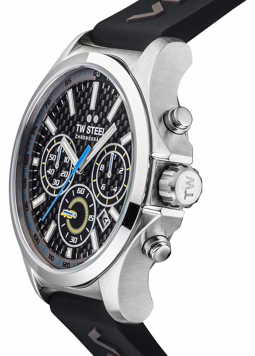TW Steel VR46 Pilot Special Edition Chronograph Stainless Steel Black Dial Black Silicon Strap Date Quartz Mens Watch TW938