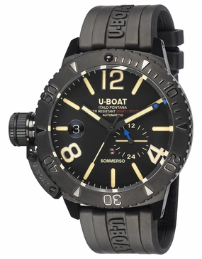 U-Boat Sommerso Automatic Black DLC Steel Black Dial Black Rubber Strap Date Divers Mens Watch 9015