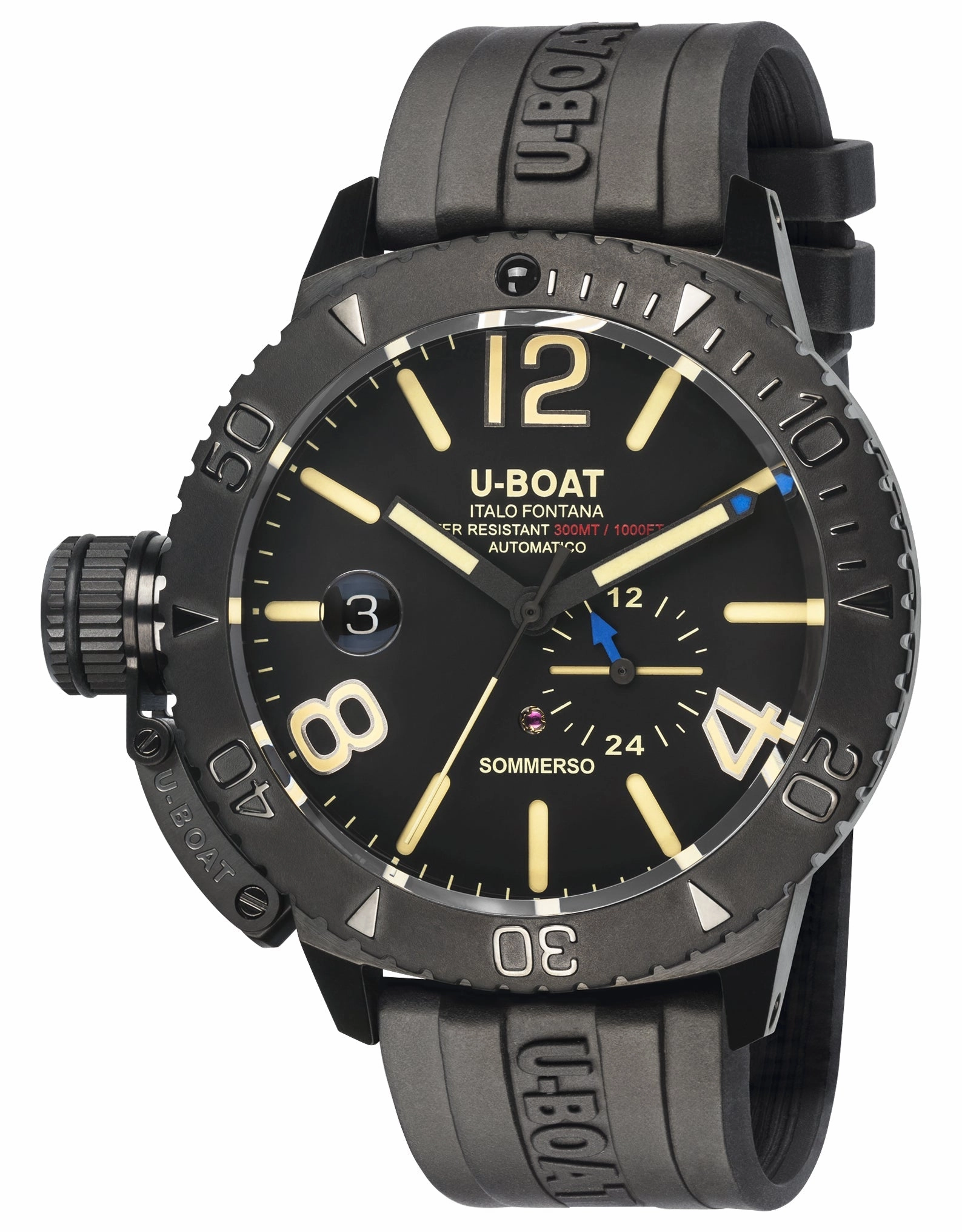 U-Boat Sommerso Automatic Black DLC Steel Black Dial Black Rubber Strap Date Divers Mens Watch 9015