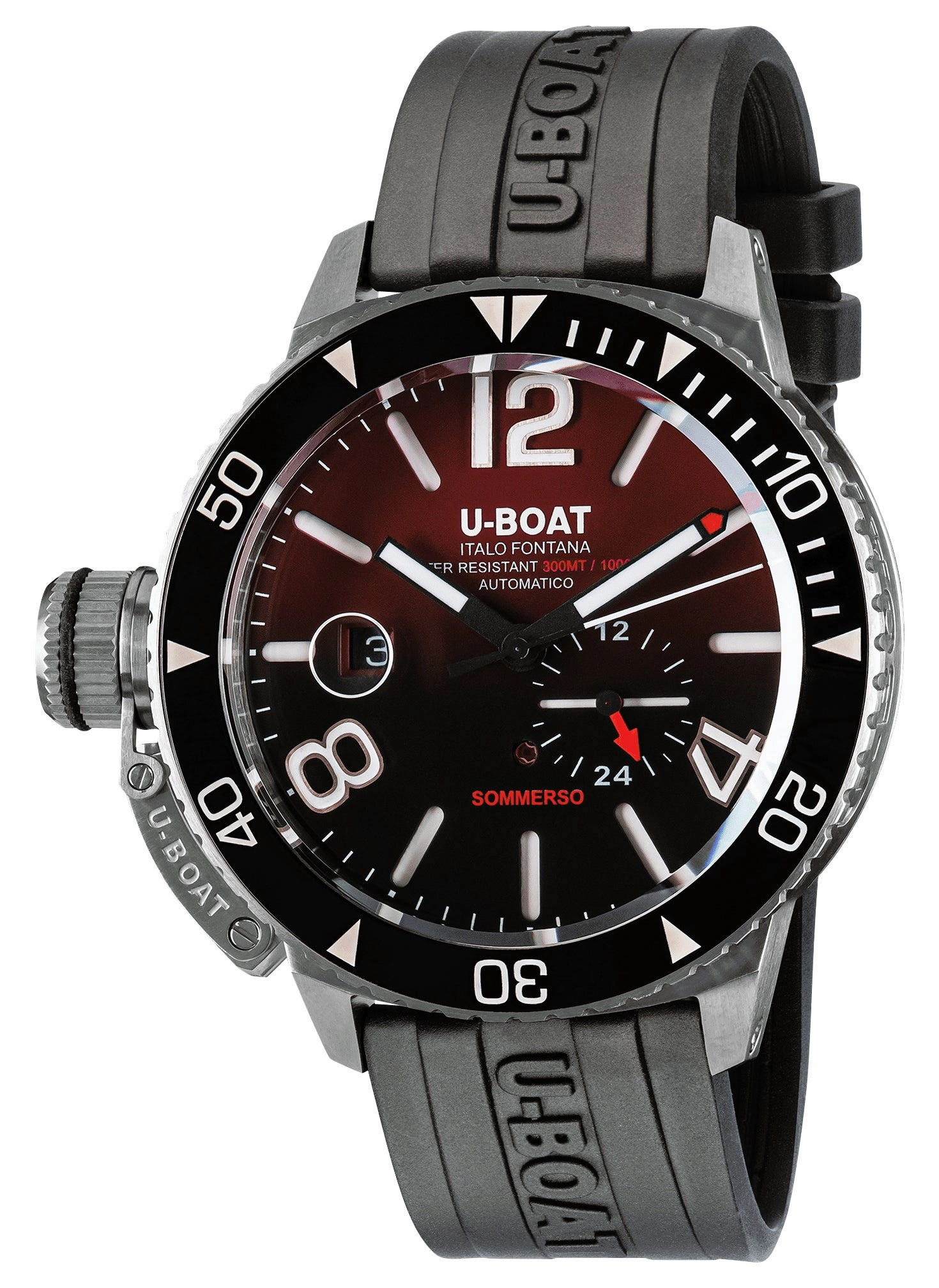 U-Boat Sommerso Ceramic Bordeaux Automatic Stainless Steel Burgundy and Black Dial Black Rubber Strap Date Divers Mens Watch 9521