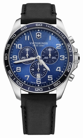 Victorinox Swiss Army Fieldforce Classic Chronograph Stainless Steel Blue Dial Black Leather Strap Date Quartz Mens Watch 241929