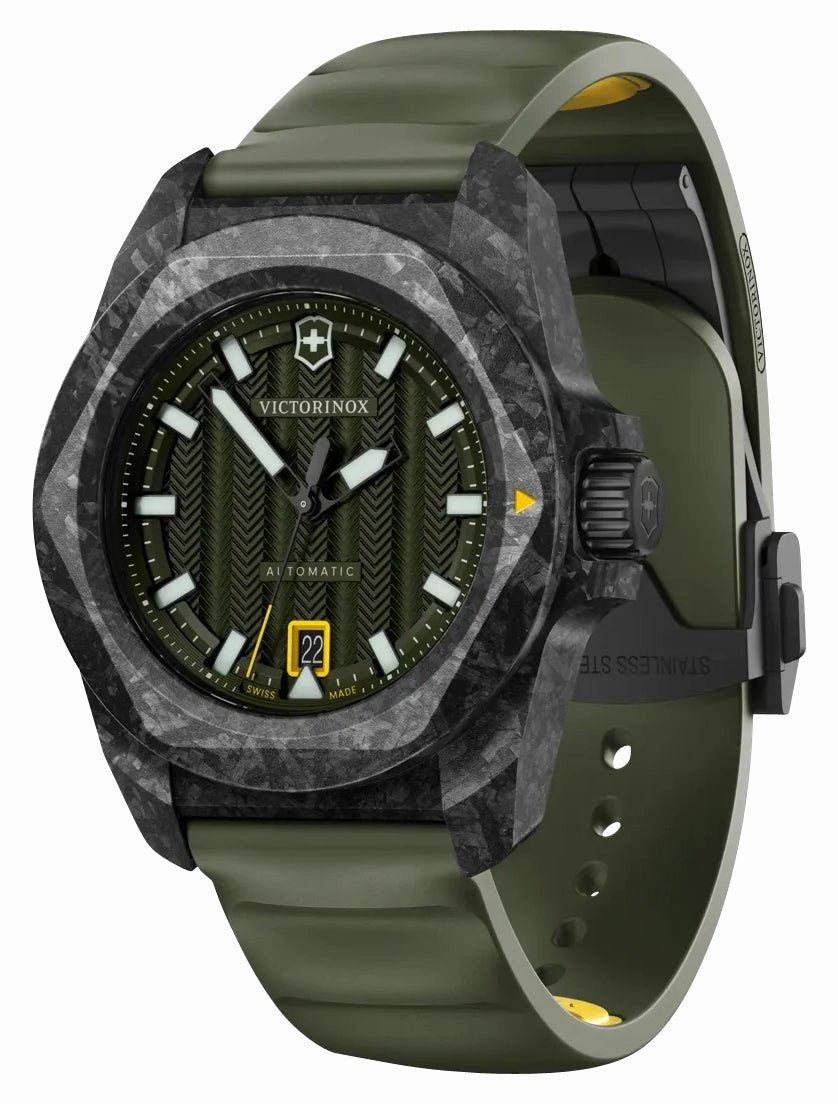 Victorinox Swiss Army I.N.O.X. Automatic Black Carbon Green Dial Green Rubber Strap Date Divers Mens Watch 242021.1