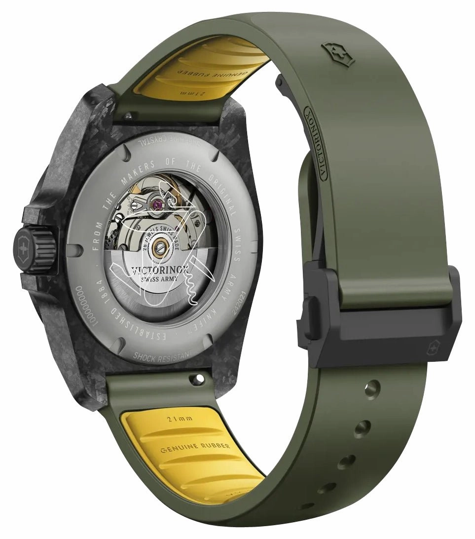 Victorinox Swiss Army I.N.O.X. Automatic Black Carbon Green Dial Green Rubber Strap Date Divers Mens Watch 242021.1