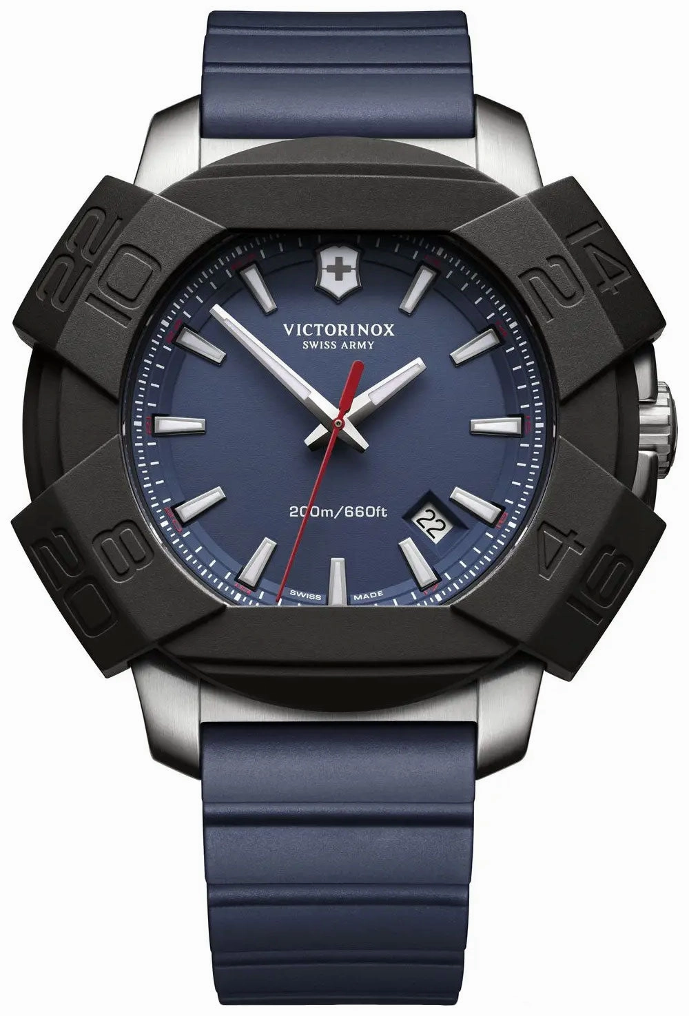 Victorinox Swiss Army INOX Stainless Steel Mens Watch Calendar Blue Rubber Strap 241688.1