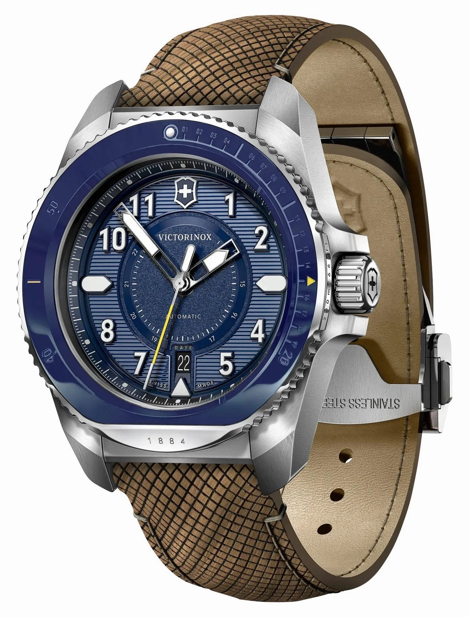 Victorinox Swiss Army Journey 1884 Automatic Stainless Steel Blue Dial Brown Leather Interchangeable Blue Rubber Strap Date Divers Mens Watch 241980.1