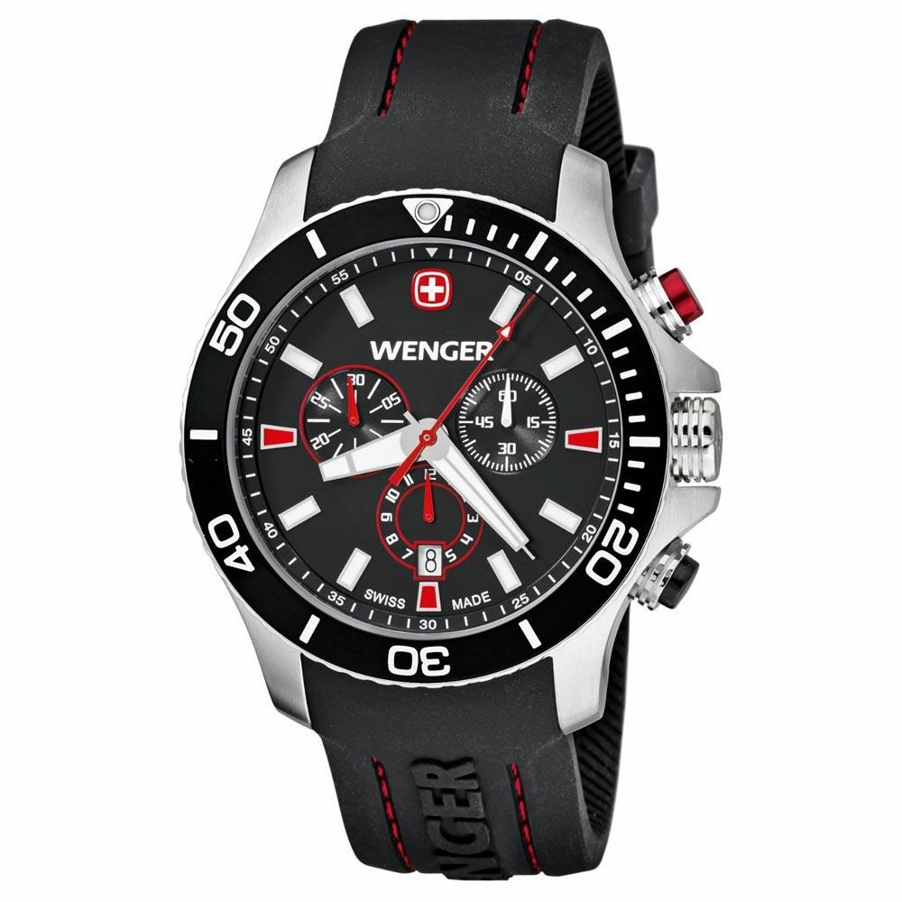 Wenger 0643.102 Men's Sea Force Black Dial Black Rubber Strap Chronograph Dive Watch