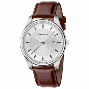 Wenger Swiss Made Men's City Classic Silver Tone Dial Brown Leather Strap Watch | 01.1441.122