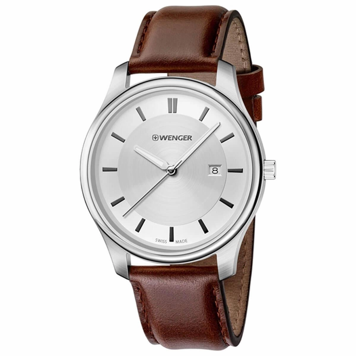 Wenger Swiss Made Men's City Classic Silver Tone Dial Brown Leather Strap Watch | 01.1441.122