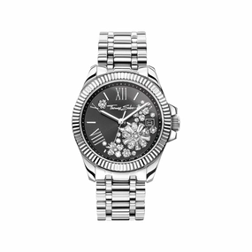 Women's watch with black dial and white flowers (33 mm)